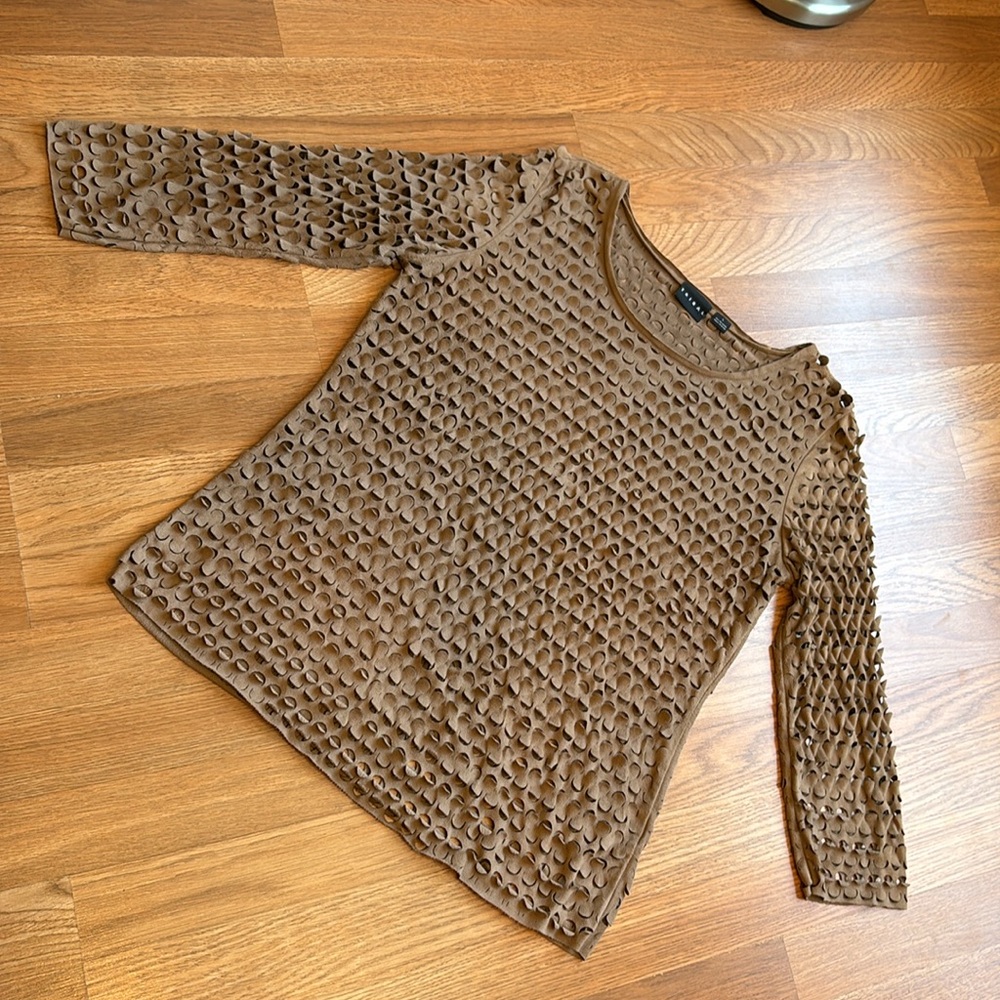 Tribal, solid light brown faux suede cut out long sleeve top/ cover up. Size L.